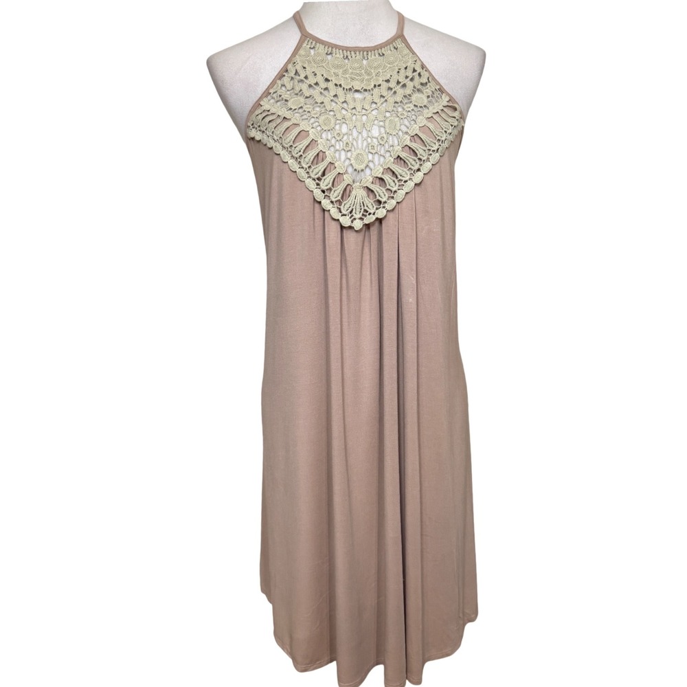 Boho Crochet Lace Top Halter Dress Womens Medium Hippie Beach Retro Swing Summer
